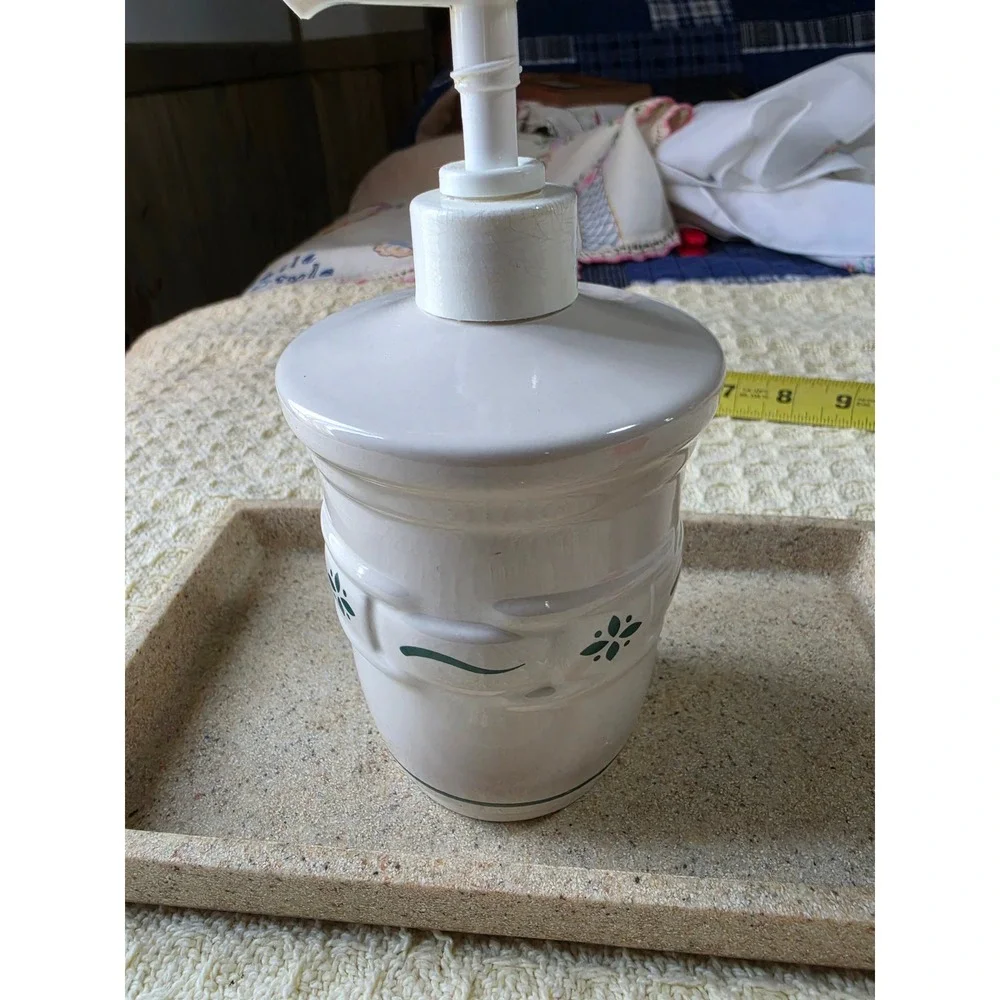 Longaberger Pottery Woven Traditions Ivory Soap Dispenser and Tray Set Green